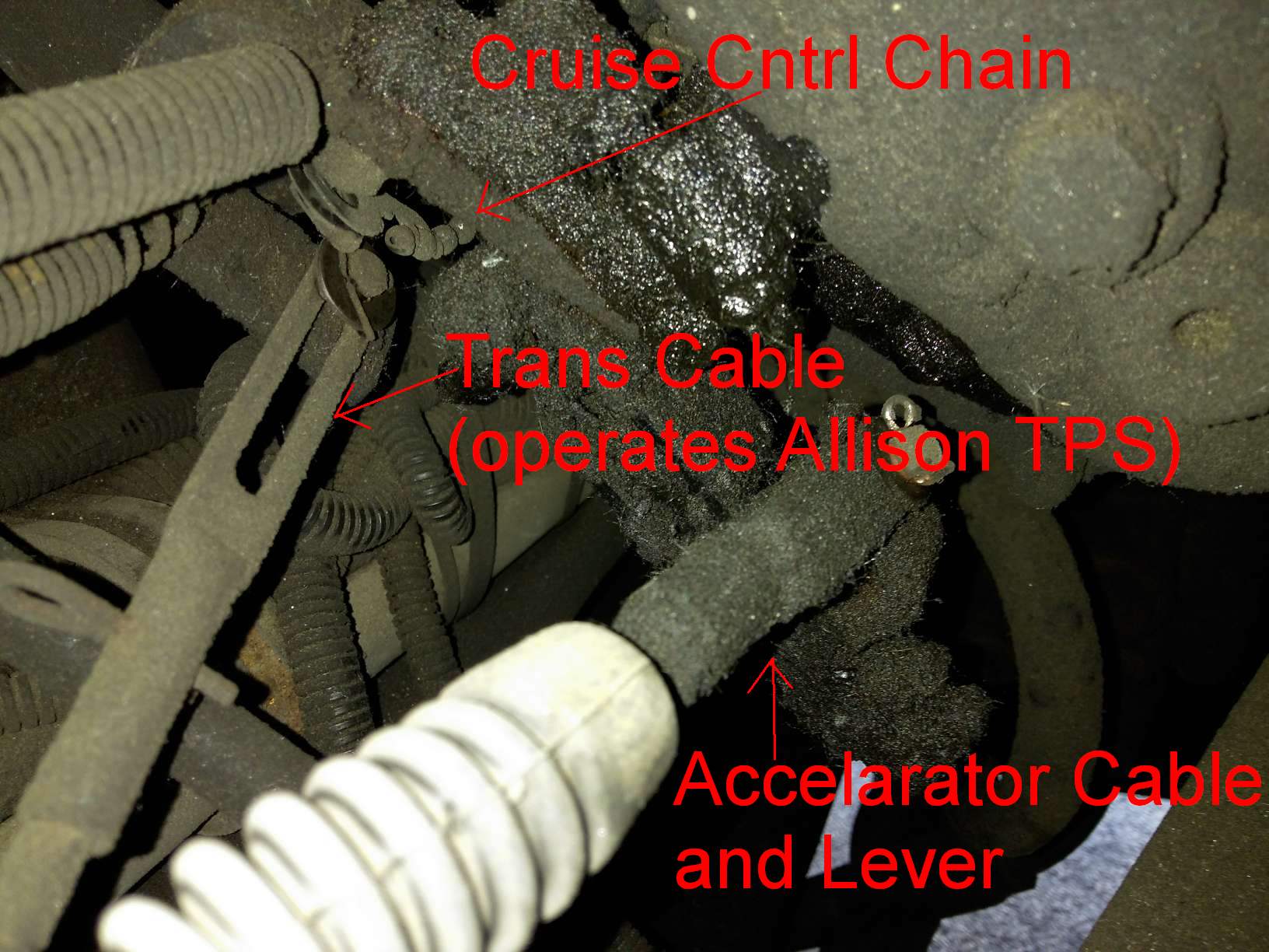 View of a Bosch P-Pump Throttle cable and linkage, camera lens pointing towards the rear of the coach.